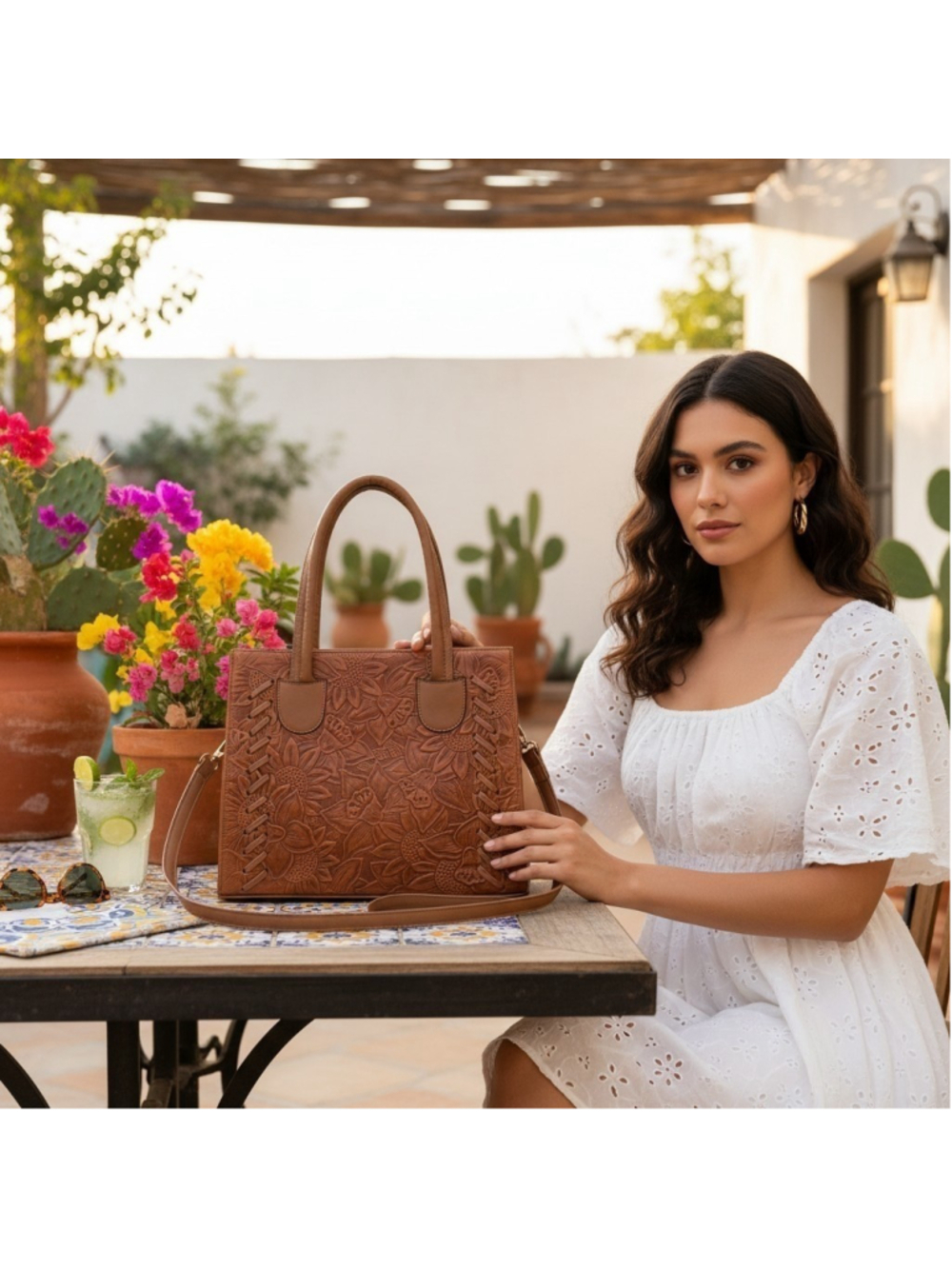Sunflowers Shedron Brown Stitched Embossed Tooled Artisan LEATHER Purse
